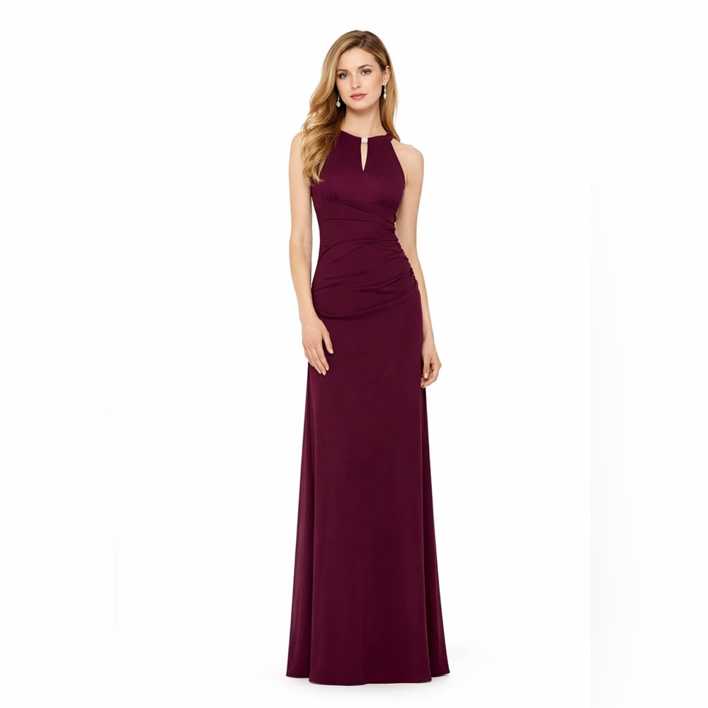 Betsy & Adam Burgundy Chiffon Halter Neck Ruched Formal Evening Gown Size 16 NWT